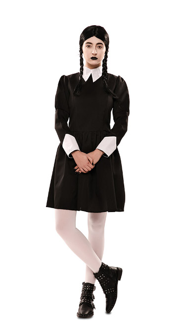Disfraz de Miércoles Addams con medias opacas para Halloween