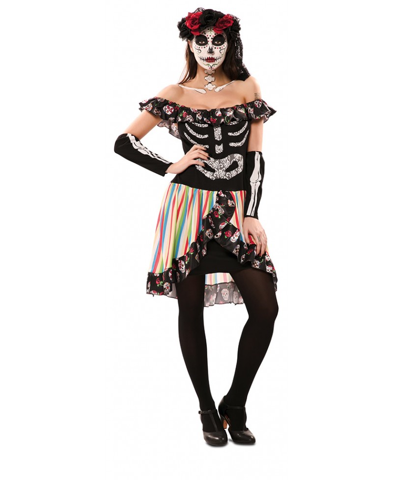Disfraz de La Catrina (muerte mexicana), con pantys opacos para Halloween